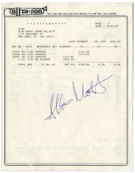 Celine Dion Autograph Note Signed From 1987 to Producer Aldo Nova -- Also With Nova's Signed Invoice to Dion for the Album ''Incognito''